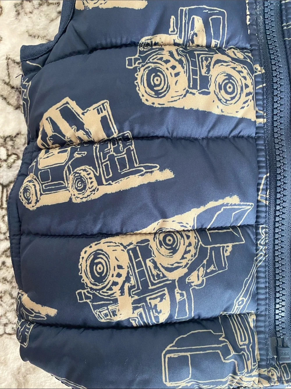 Like New! Baby Gap Navy Kids Puffer Vest with Tan Construction Truck Print